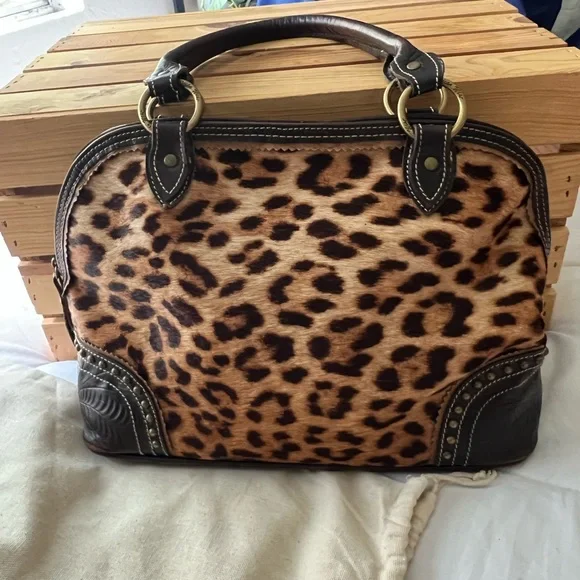 American West Vintage Leather Handbag Tooled Leather/ Animal Print Hair On/Studs - Picture 15 of 15